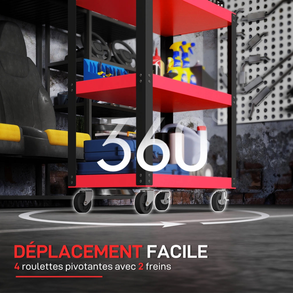 Carrello da lavoro a 3 livelli con rotelle bloccabili ¨C zephmum ¨C rosso 70.5x35x82.5 cm