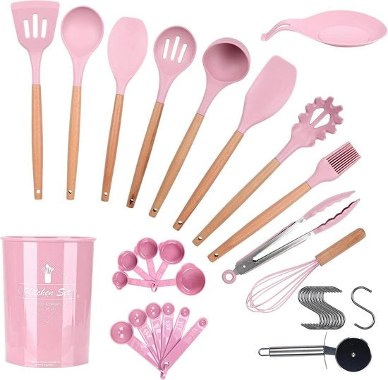 Set di accessori in silicone per cucina, 35 pezzi con rivestimento antiaderente, inclusi spatola, spugna, cucchiaio, forchetta per pasta, forchetta per pizza, uncino e altro (rosa)