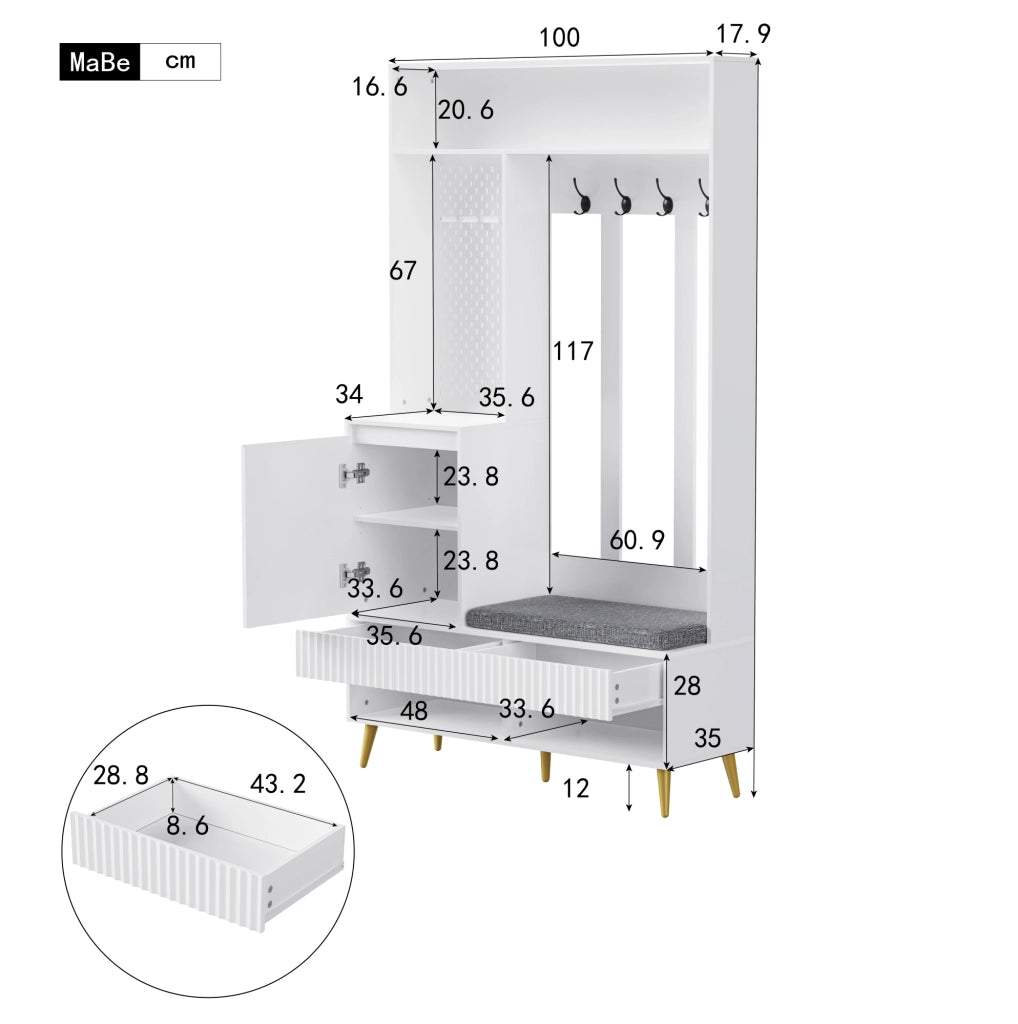 Mobile guardaroba da ingresso 100x35x180 cm in MDF bianco con panca e 4 ganci
