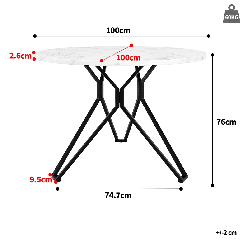 Tavolo da pranzo rotondo con 4 sedie, piano effetto marmo, struttura in metallo, per cucina e soggiorno, 100 × 76 cm