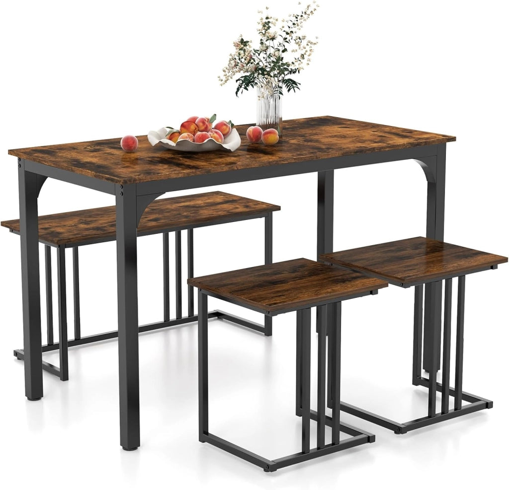 Set Tavolo da Pranzo 4 Pezzi 120x60x75cm, Tavolo da Cucina con 2 SgabellI e Panca in Stile Industriale per Sala da Pranzo, Bar e Ristorante (Marrone)