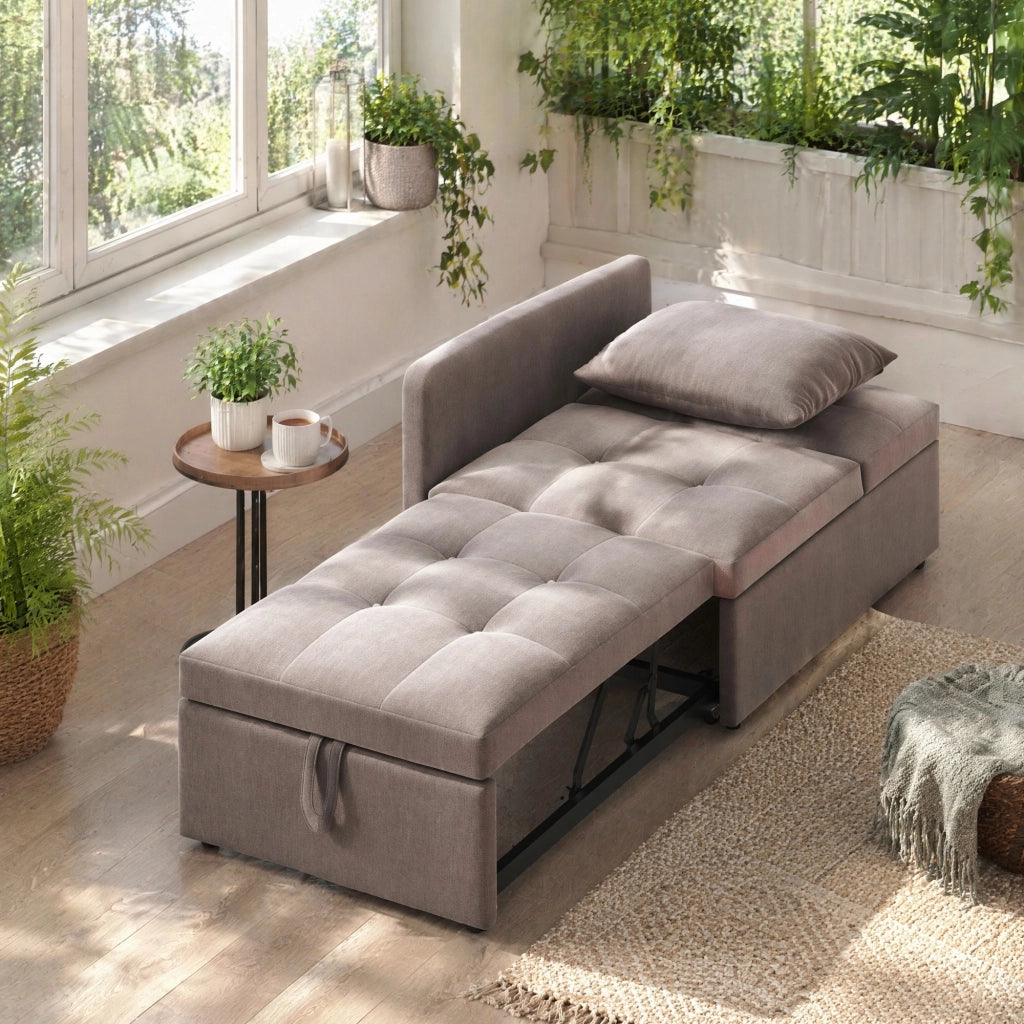 Divano letto multifunzione 3 in 1 con schienale regolabile a 5 posizioni, rivestimento grigio, soluzione salvaspazio per piccoli ambienti