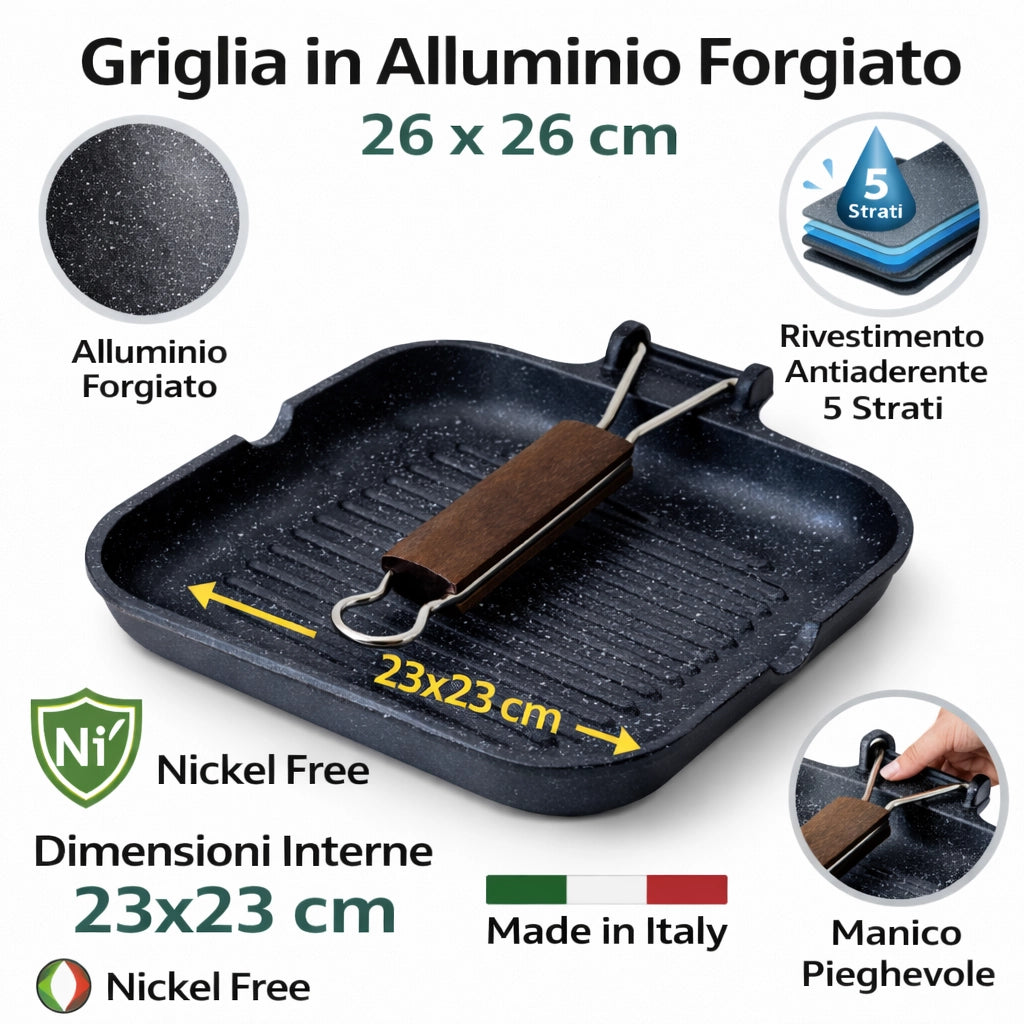 Bistecchiera 26x26 cm Antiaderente 5 Strati Pietra Manico Pieghevole Made in Italy