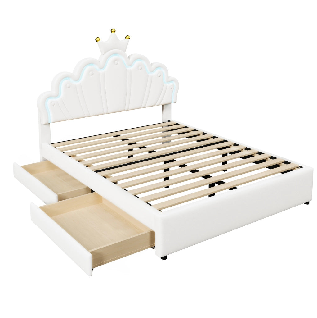 Letto per bambini 140x200 cm con LED; 2 cassetti e testiera regolabile; similpelle bianca e rosa