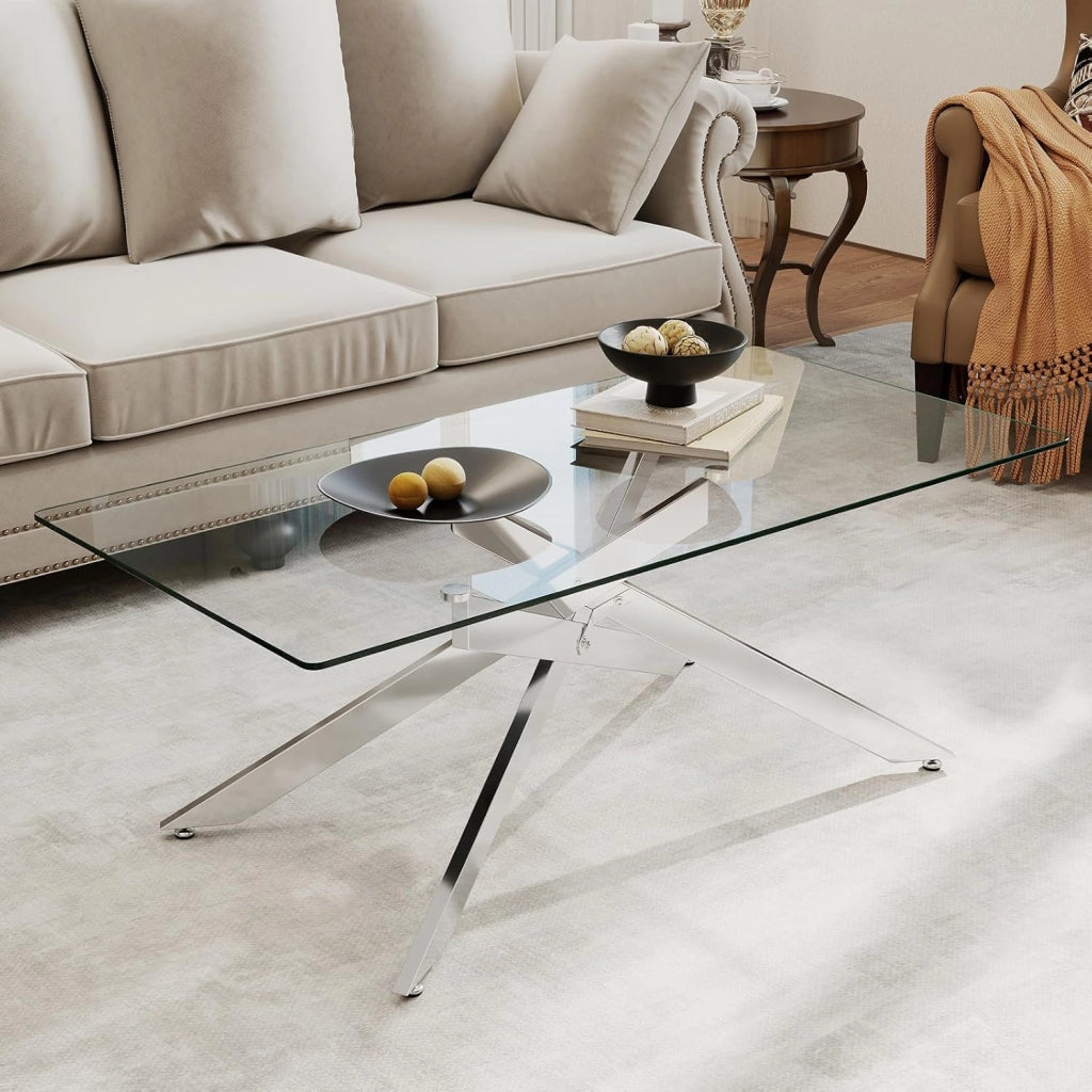 Tavolo da Caffè, Tavolino Salotto in Vetro Temperato con Gambe Incrociate in Metallo Placcato e Piedini Regolabili Antiscivolo, per Soggiorno e Ingresso, 120 x 60 x 45,5 cm (Argento)