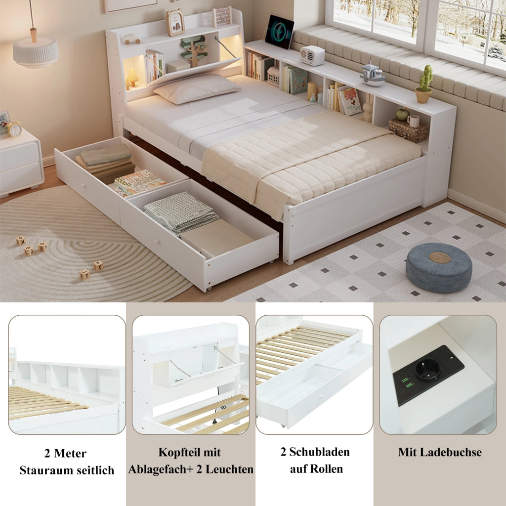 OKWISH Letto Singolo 90×200 cm con Contenitore, Presa di Ricarica, 2 Luci e Cassetti, senza Materasso, in Legno e MDF, Bianco