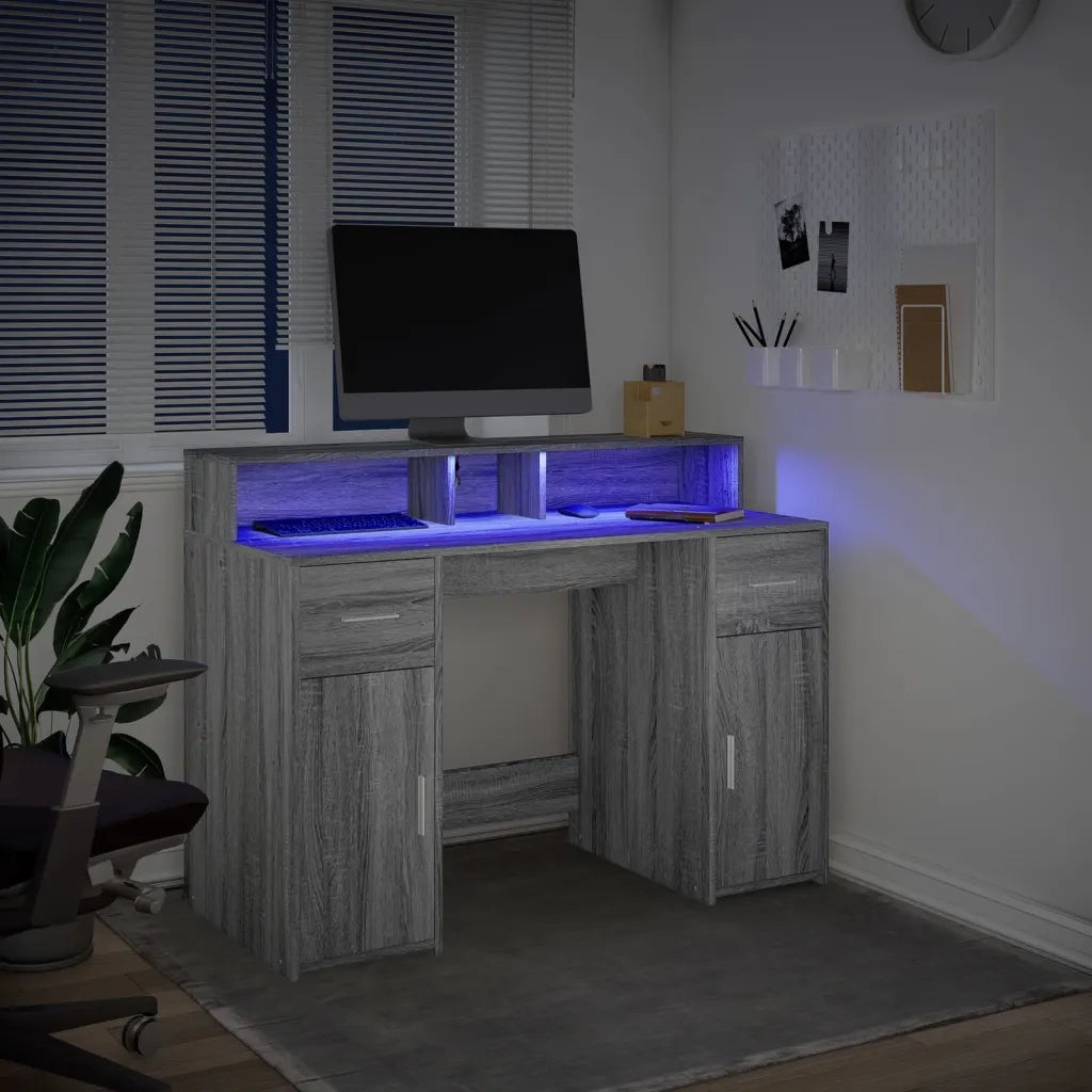 Scrivania | Tavolo da Ufficio con Luci LED Grigio Sonoma 120x55x91cm in Multistrato