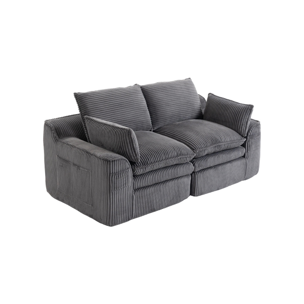 Divano 2 posti in corduroy grigio scuro con cuscini e tasche laterali, 191x94x85 cm