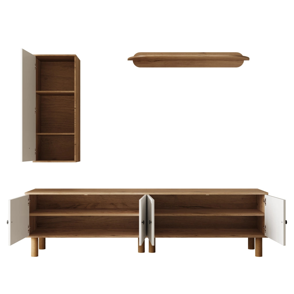 OKWISH Set Mobile TV da Parete 3 Pezzi con Mobile TV, Vetrina e Mensola, Ante Intagliate, Pannelli di Particelle Bianco e Naturale