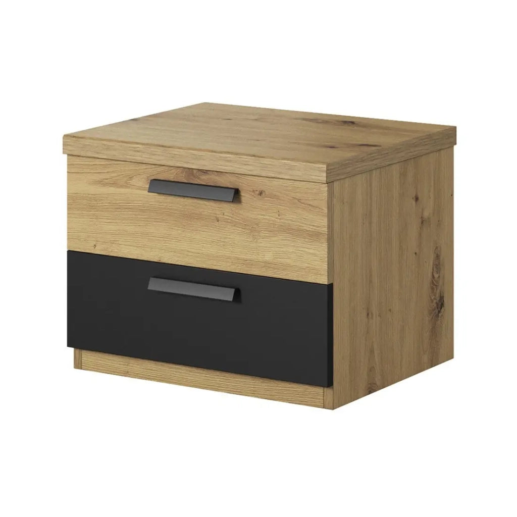Comodino con due cassetti, collezione FOX. Colori rovere chiaro e nero.