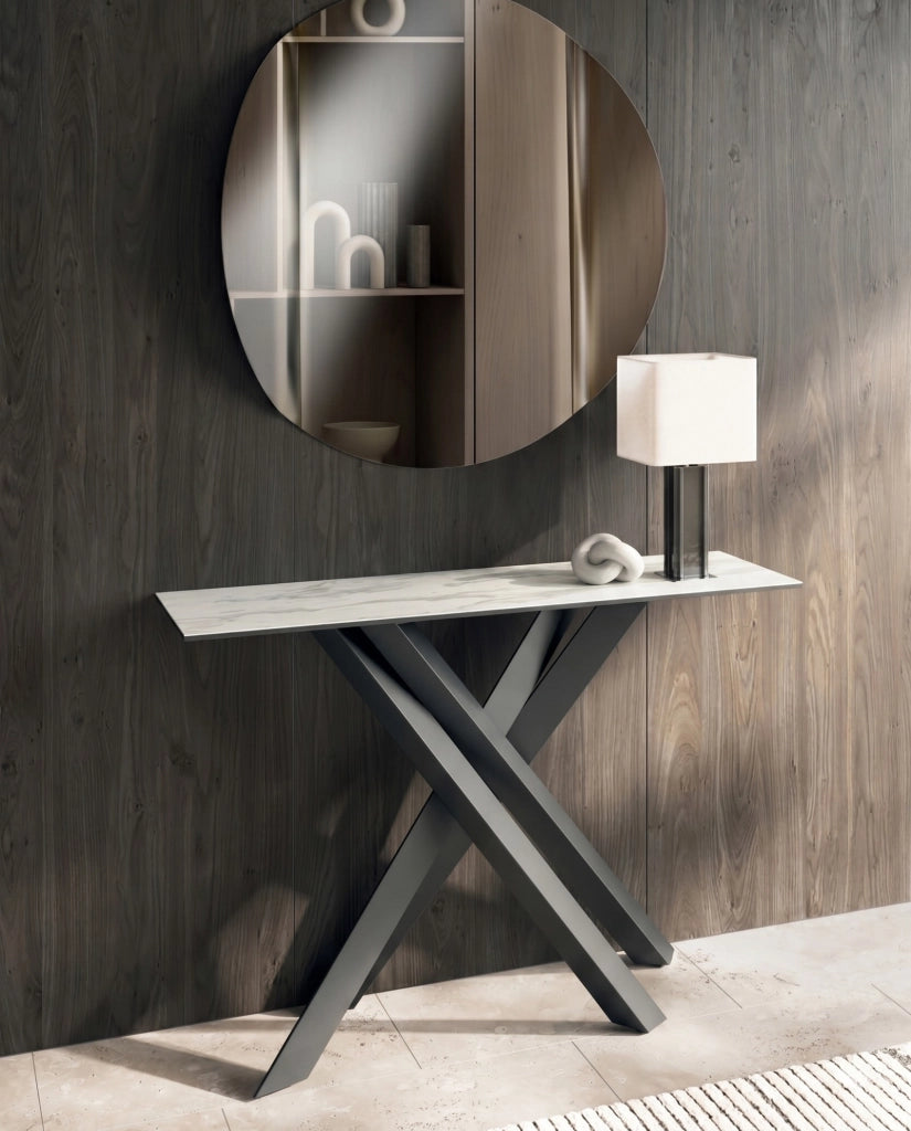 Consolle Xenia - Tavolo d'ingresso con top in ceramica su vetro effetto marmo bianco e struttura in metallo antracite - 110cm