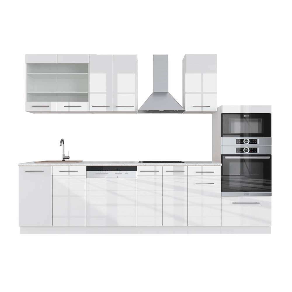Cucina componibile Fame-Line Bianco lucido/Bianco 300 cm con armadio alto, PL Marmo Vicco