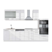 Cucina componibile Fame-Line Bianco lucido/Bianco 300 cm con armadio alto, PL Marmo Vicco