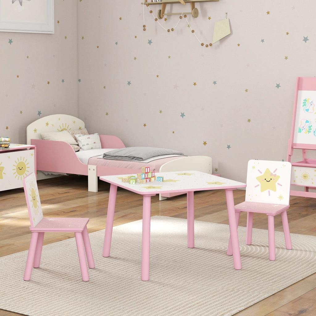 Set Tavolino e 2 Sedie per Bambini 3-8 Anni in MDF Fantasia con Animali Rosa