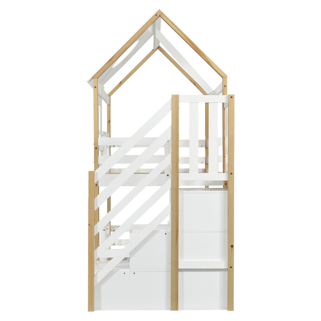 Lit superposé enfant 90x200 cm en pin avec toit; fenêtres; escalier de rangement et barrières de sécurité
