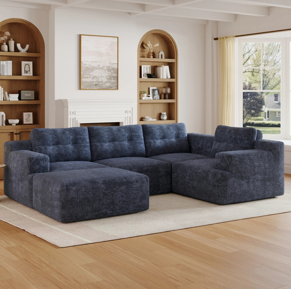 Divano modulare a U 5-6 posti con pouf in ciniglia blu