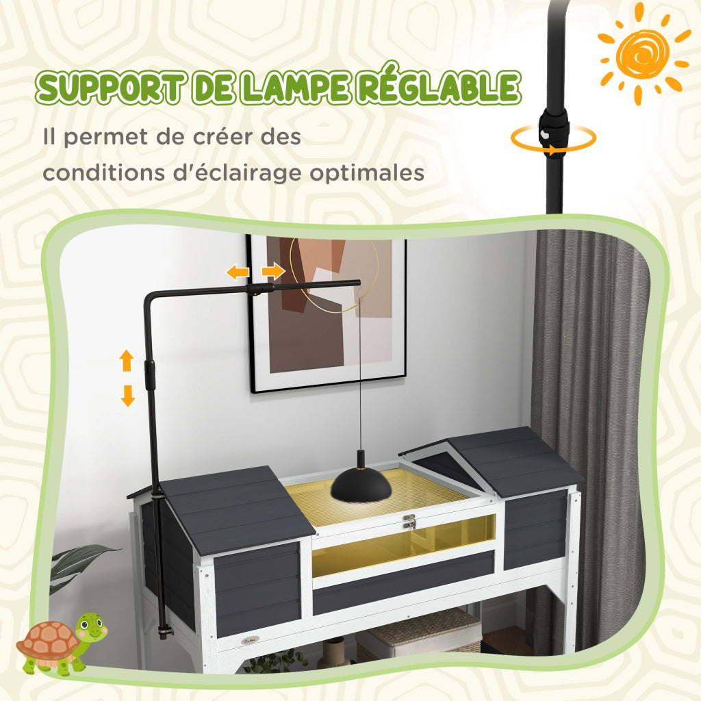 Casetta per tartarughe con 2 nicchie e lampada regolabile ¨C zephmum ¨C legno massello 122x56.5x93 cm grigio