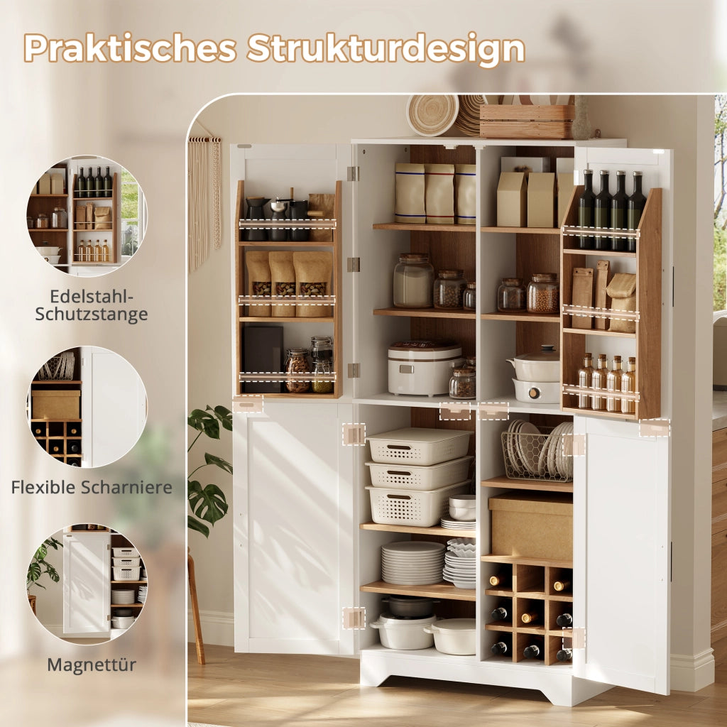ARMADIO DISPENSA con 4 ante, 80 x 40 x 180 cm, Bianco e Naturale, MDF