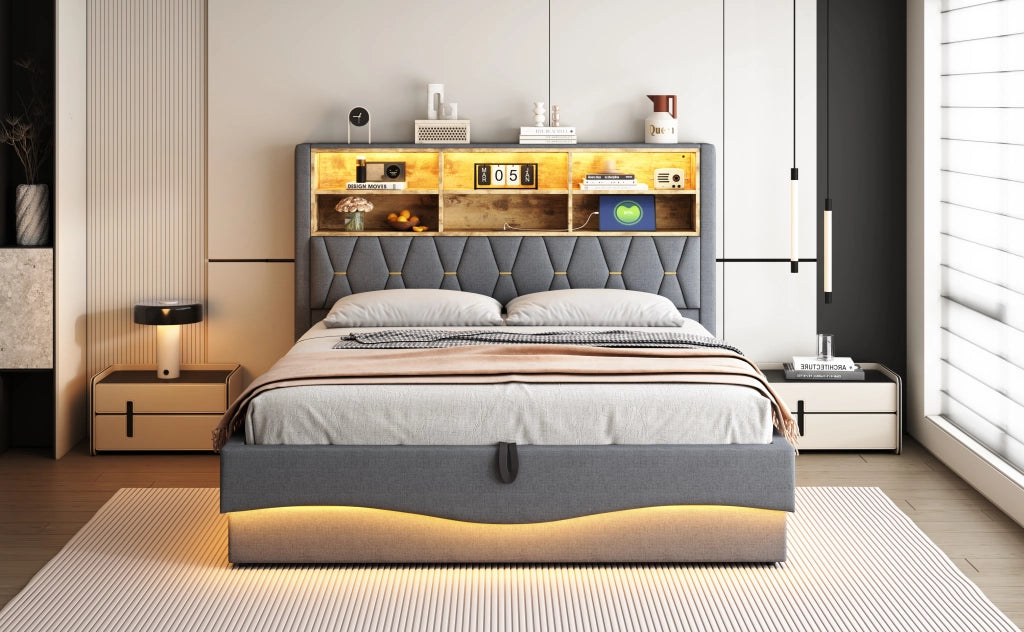 DESMIU Letto contenitore 180 × 200 cm 2 posti, contenitore idraulico, LED e USB, senza materasso, lino grigio
