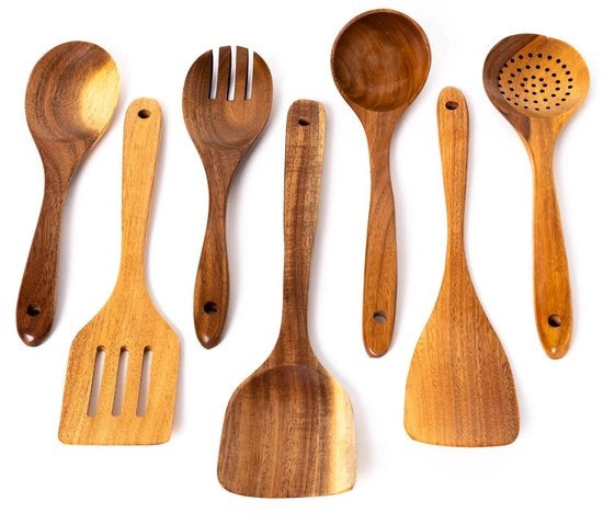 Set di accessori da cucina da 7 pezzi - Resistente al calore - Legno di acacia - Sostenibile - Leggero - Ideale come regalo per gli appassionati di cucina - Utensili da cucina