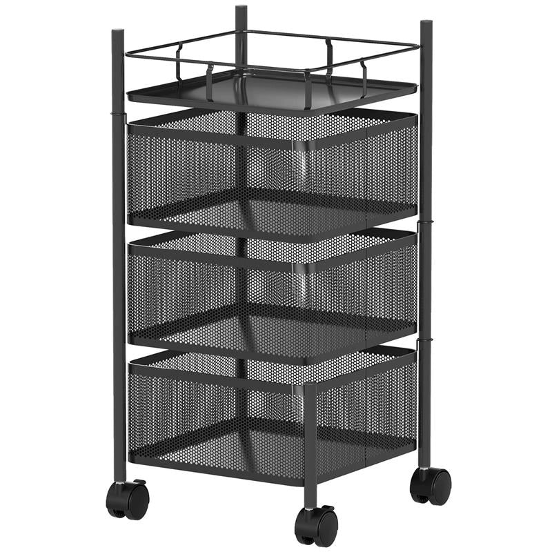 CARRELLO CUCINA A 3 LIVELLI CON CESTINI IN METALLO GIREVOLI, RUOTE E FRENO, 27.5X27.5X62 CM, NERO