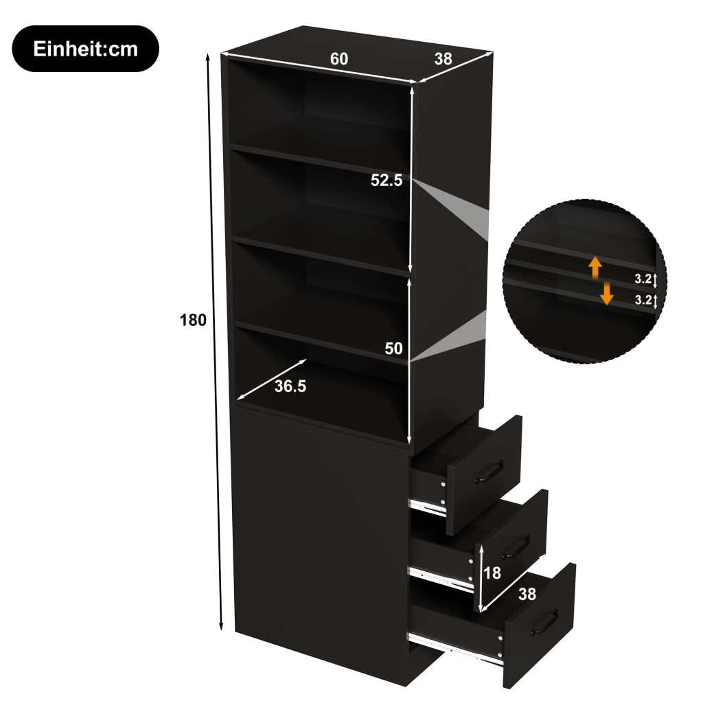 Libreria alta con 3 cassetti laterali e 4 vani aperti con ripiani regolabili per piccoli spazi nera 60 × 38 × 180 cm