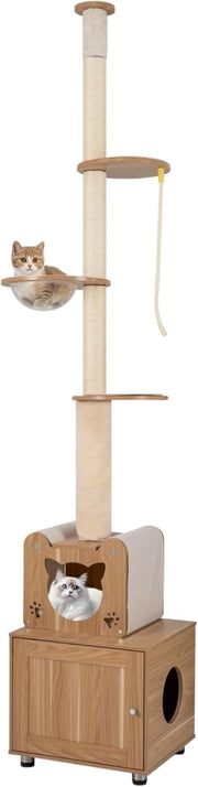 Albero per Gatti Alto 256-275 cm, Tiragraffi per Gatti con Lettiera, Capsula Spaziale, Condominio, Pali Graffiatori in Sisal e Piattaforme per Salto, Mobile per Gattini da Interno