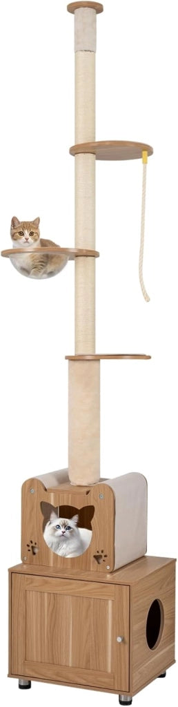 Albero per Gatti Alto 256-275 cm, Tiragraffi per Gatti con Lettiera, Capsula Spaziale, Condominio, Pali Graffiatori in Sisal e Piattaforme per Salto, Mobile per Gattini da Interno