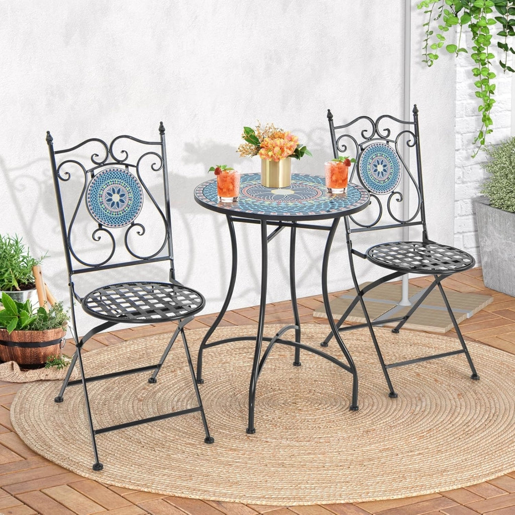 Tavolino ausiliario con piano in mosaico di piastrelle in ceramica, tavolo da bistro con gambe curve in metallo, capacità 50 kg, tavolino rotondo da caffè per soggiorno, patio, terrazza