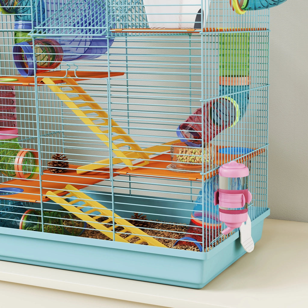Gabbia per Criceti a 5 Piani 47x30x59 cm con Tubi Colorati e Accessori in Metallo Azzurro