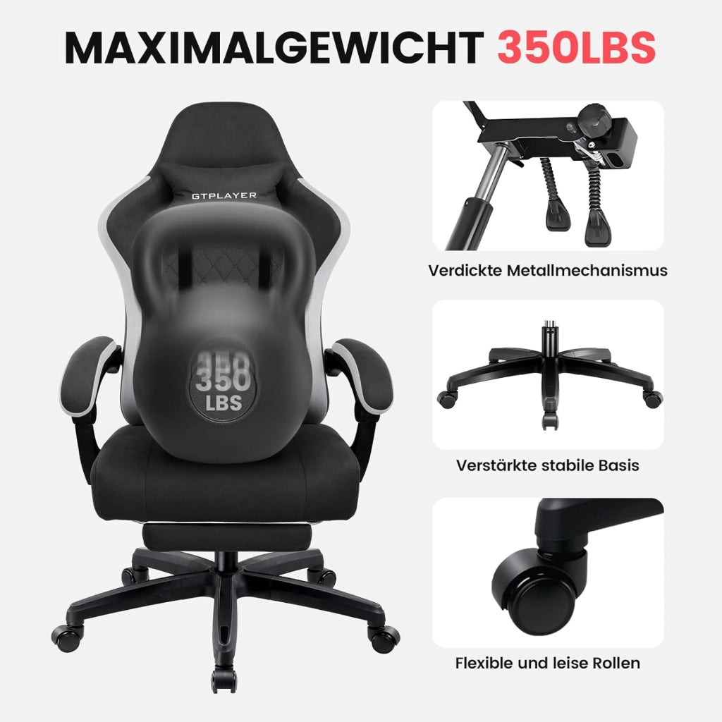 Sedia da gaming, in tessuto, con cuscino a molla, ergonomica, girevole, con poggiapiedi, capacità di carico 150 kg, colore: nero