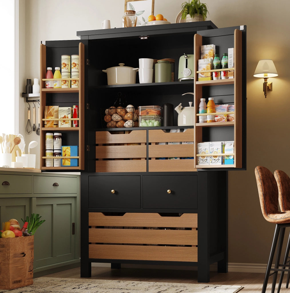Credenza da cucina 80x40x140 cm con ampio spazio contenitivo in MDF e metallo nera