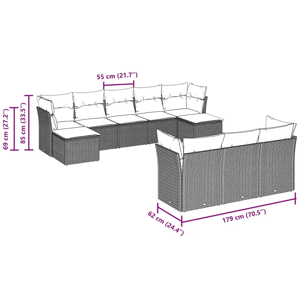 Set Divano Giardino 10 pz con Cuscini Grigio Chiaro Polyrattan 3218332