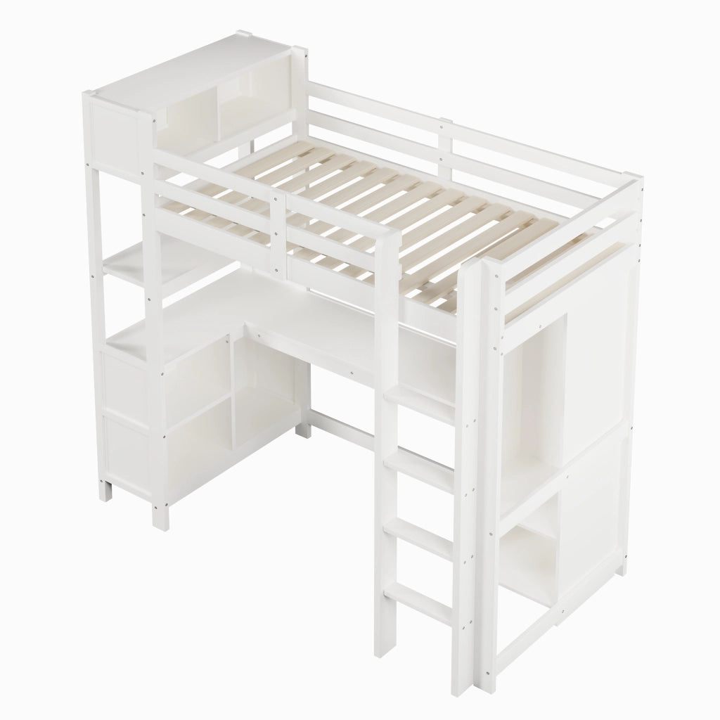 Letto a soppalco 90x200 cm con scrivania; armadio e scaffali; bianco