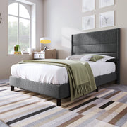 Letto imbottito 90x200 cm con materasso; rete a doghe e testiera in lino grigio