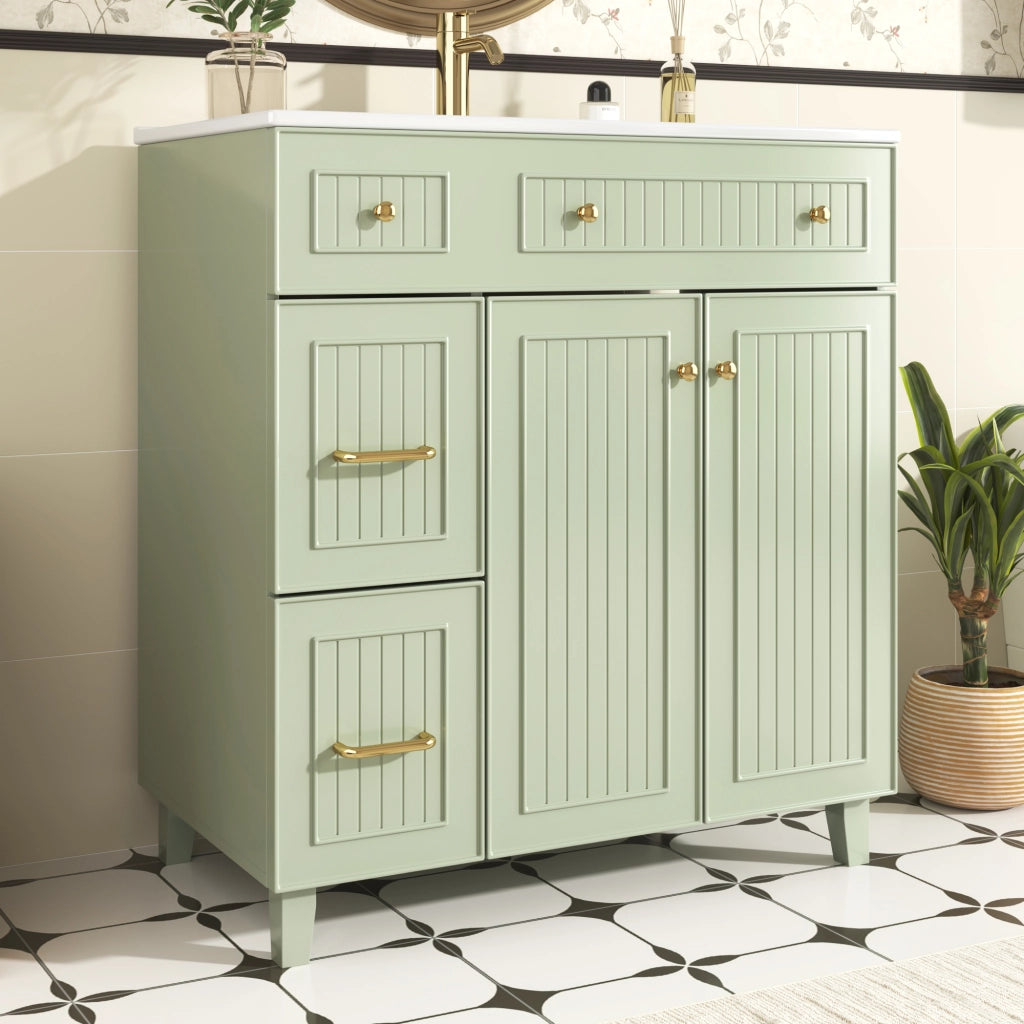 Mobile sottolavabo con lavabo in ceramica e più cassetti, per bagno, in MDF laccato verde 81,7 cm