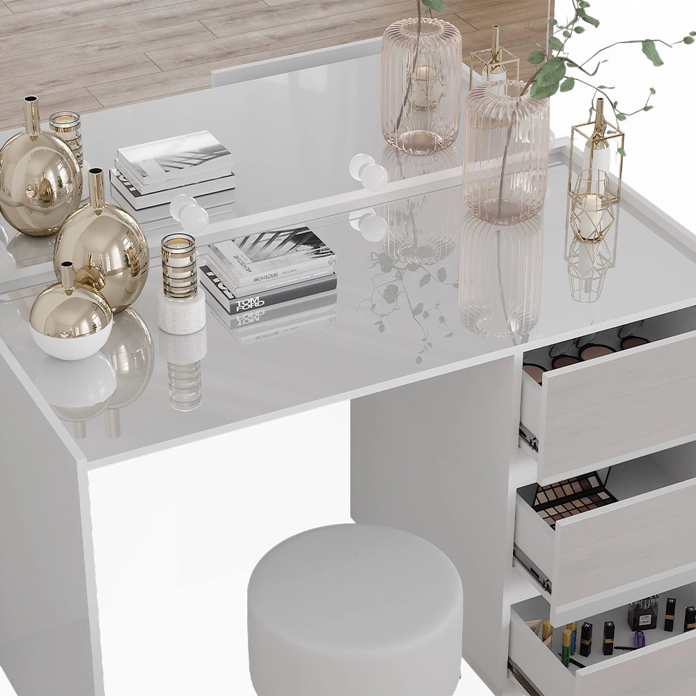 Vicco Tavolo da toilette Bianco lucido 120 cm con specchio, sgabello, luci fiabesche a LED