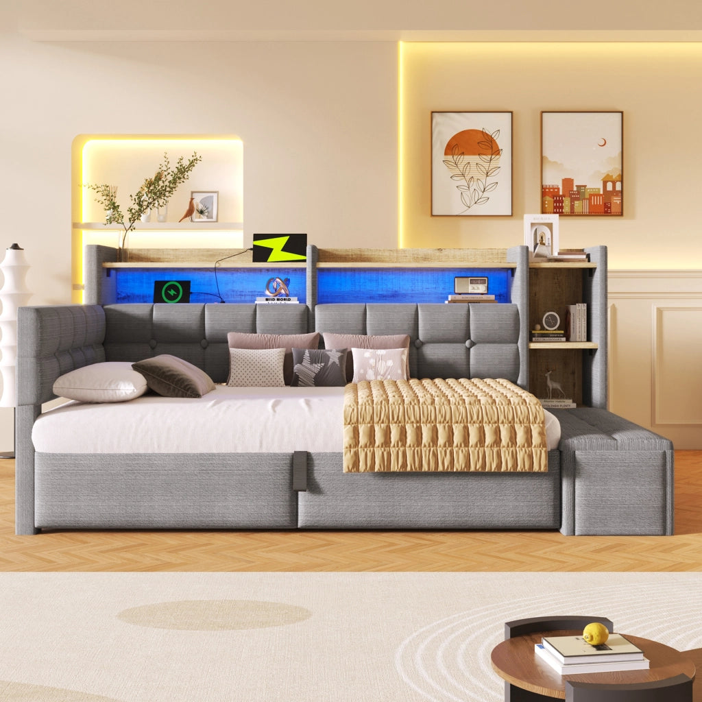 Daybed in velluto 90x200 cm con accumulo idraulico LED e USB-C - Grigio scuro