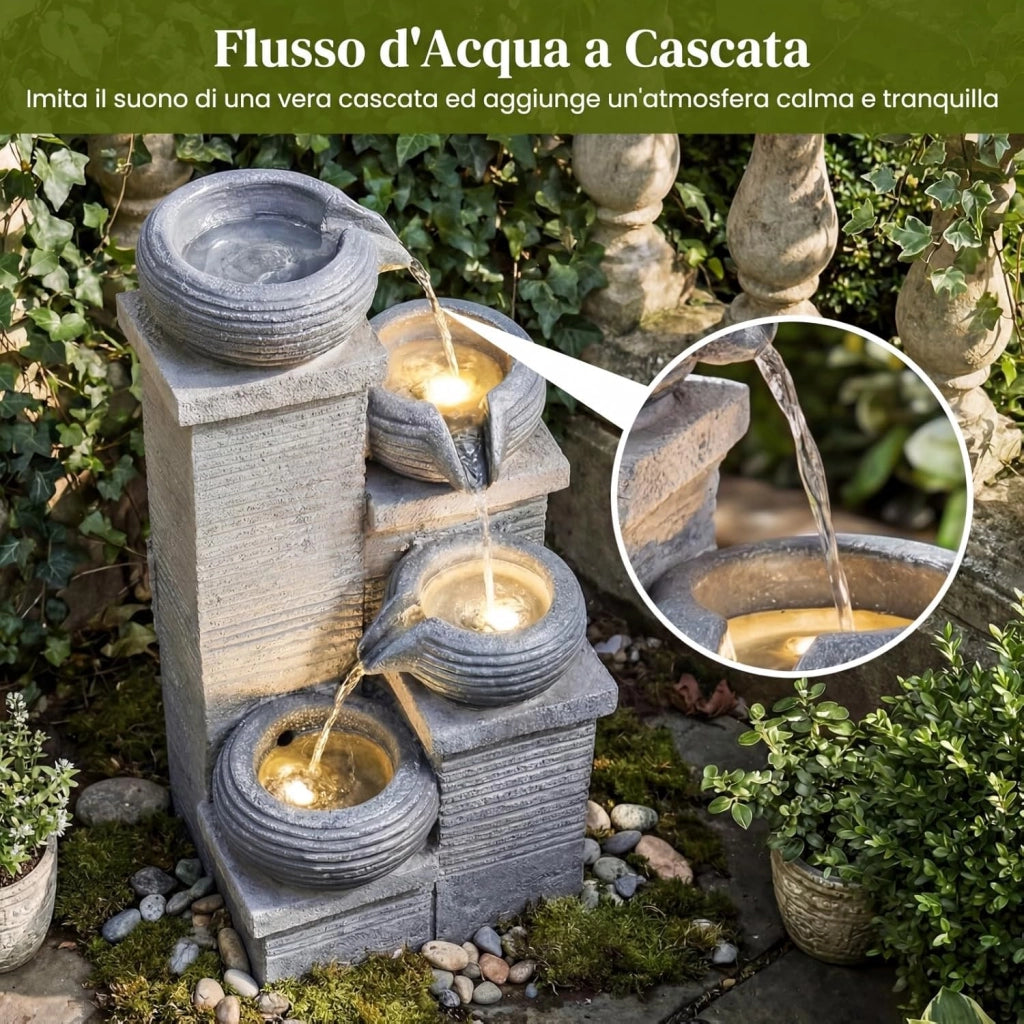 Fontana da Giardino a 4 Livelli, Fontana Cascata da Esterno in Resina con 3 Luci LED, Pompa Silenziosa e Velocità Regolabile, Fontanella Decorativa per Terrazze e Cortile, 28 x 22 x 58 cm