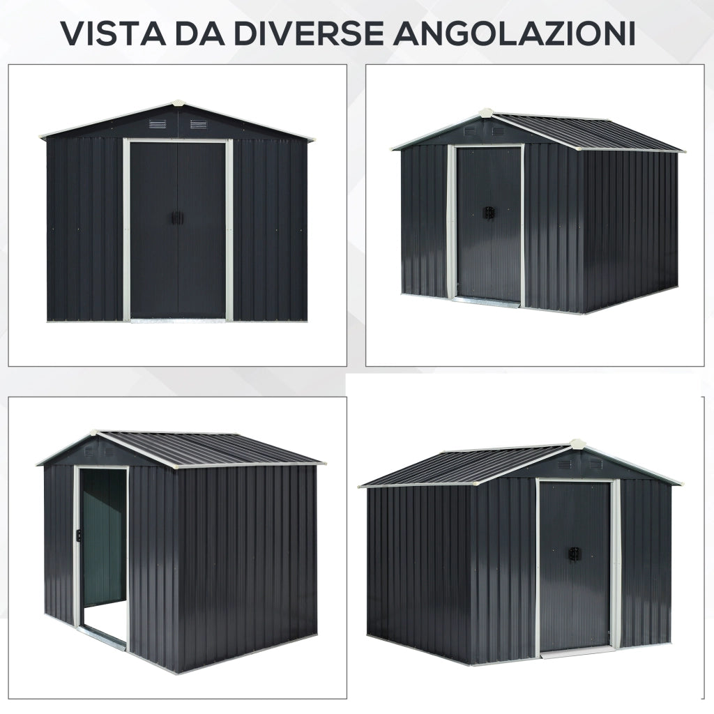 EasyComfort Casetta da Giardino 3.6m² in Acciaio Zincato con Prese d'Aria, Capanno da Giardino con Tetto Inclinato, Doppie Porte Scorrevoli Bloccabili, Capanno Porta Attrezzi, 236x174x190cm, Grigio Scuro