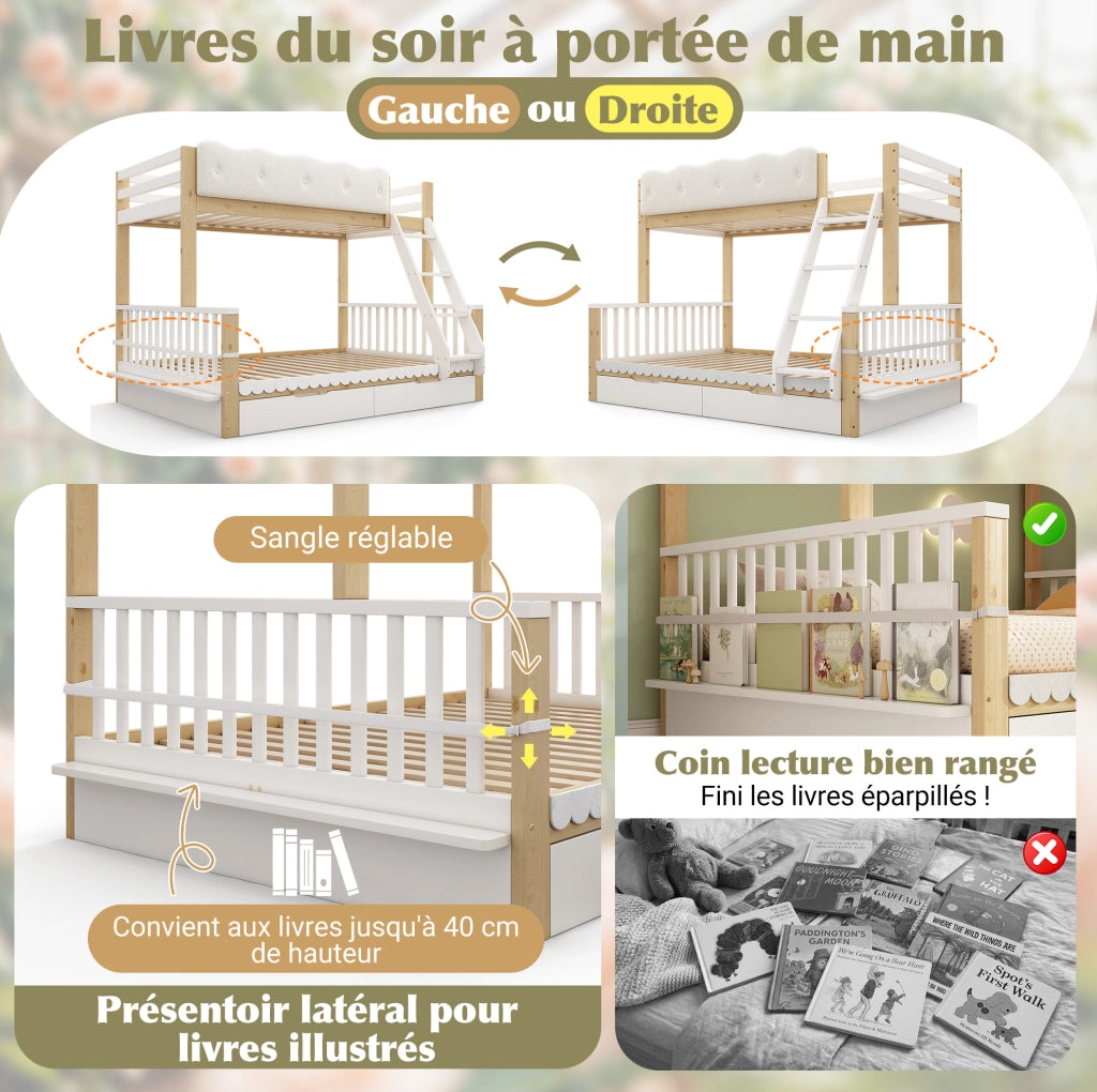 Letto a castello per bambini e adulti 90x200/140x200 cm in legno bianco e eiche con cassetti