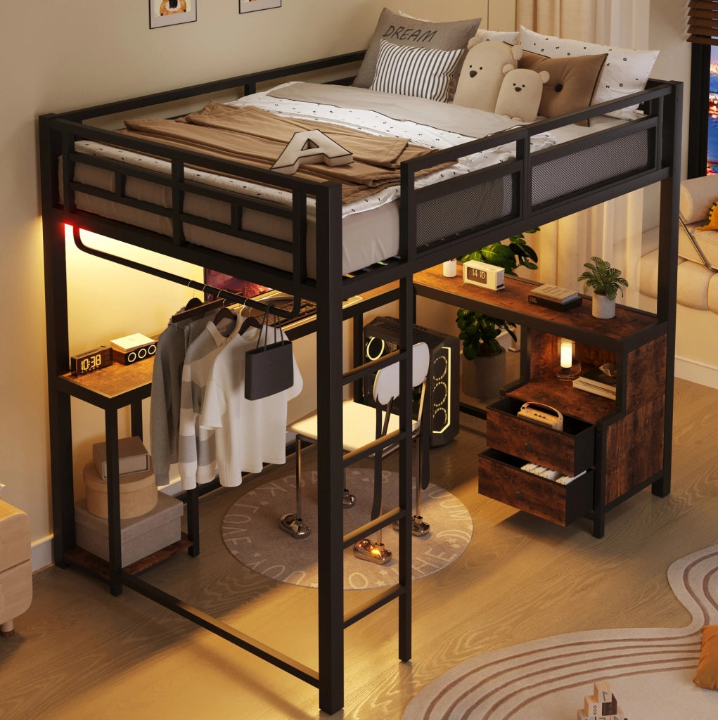 LETTO a soppalco 140x200 cm in metallo nero con scrivania, ripiani e barra appendiabiti