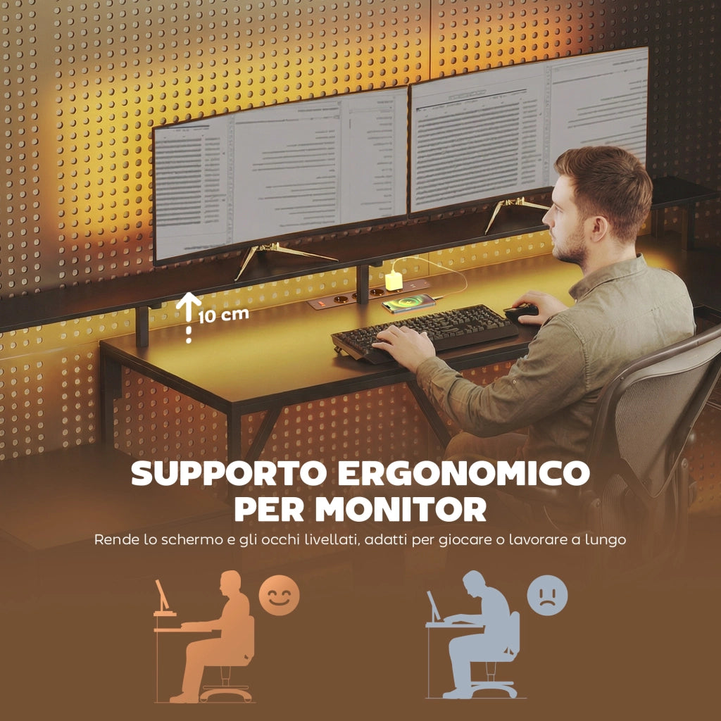 Scrivania Gaming Angolare con Hub Ricarica e LED ¨C Zephmum ¨C Legno e Acciaio Nero 192.5x80x86.5 cm