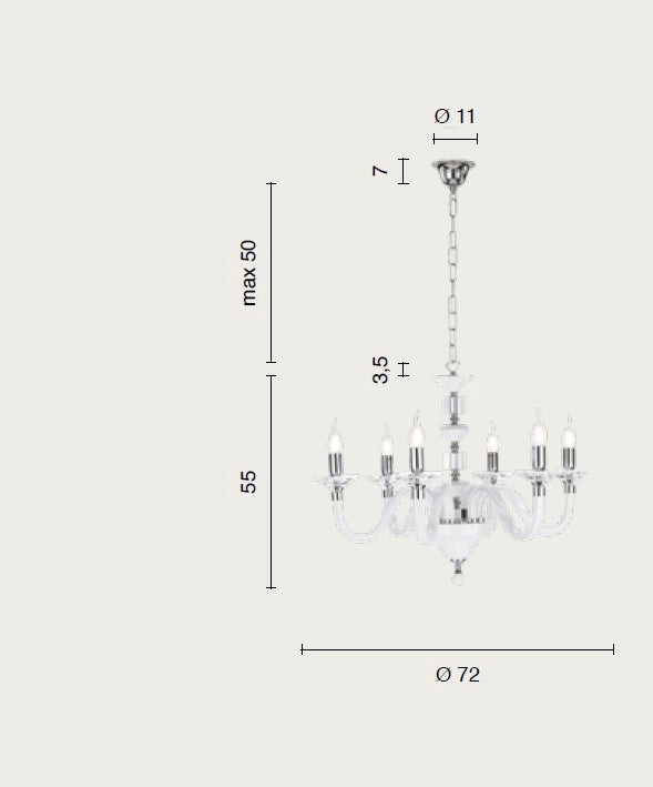 LAMPADARIO GALA 6 LUCI ATTACCO E14 FUME' E CROMO D.72CM