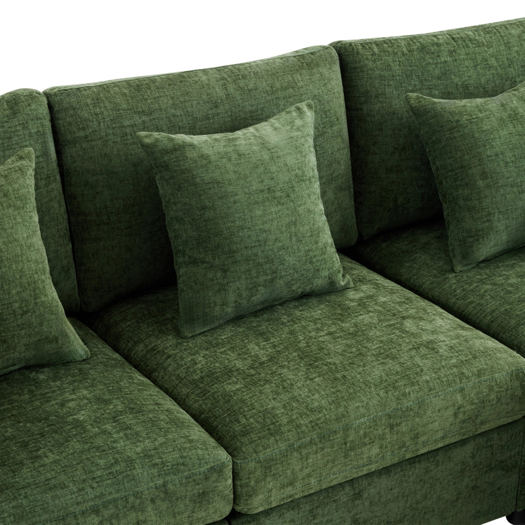 Divano modulare 4-6 posti 278x161 cm in chenille verde con 2 pouf e 6 cuscini HOMVRA