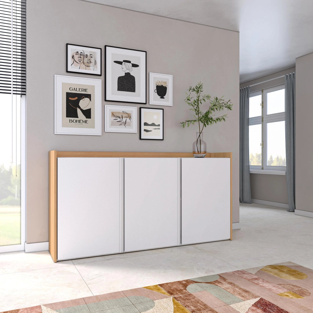 Credenza, Mobile, Cucina, 156x80x35 cm, 3 Porte, grande stoccaggio, Bianco e Rovere soft