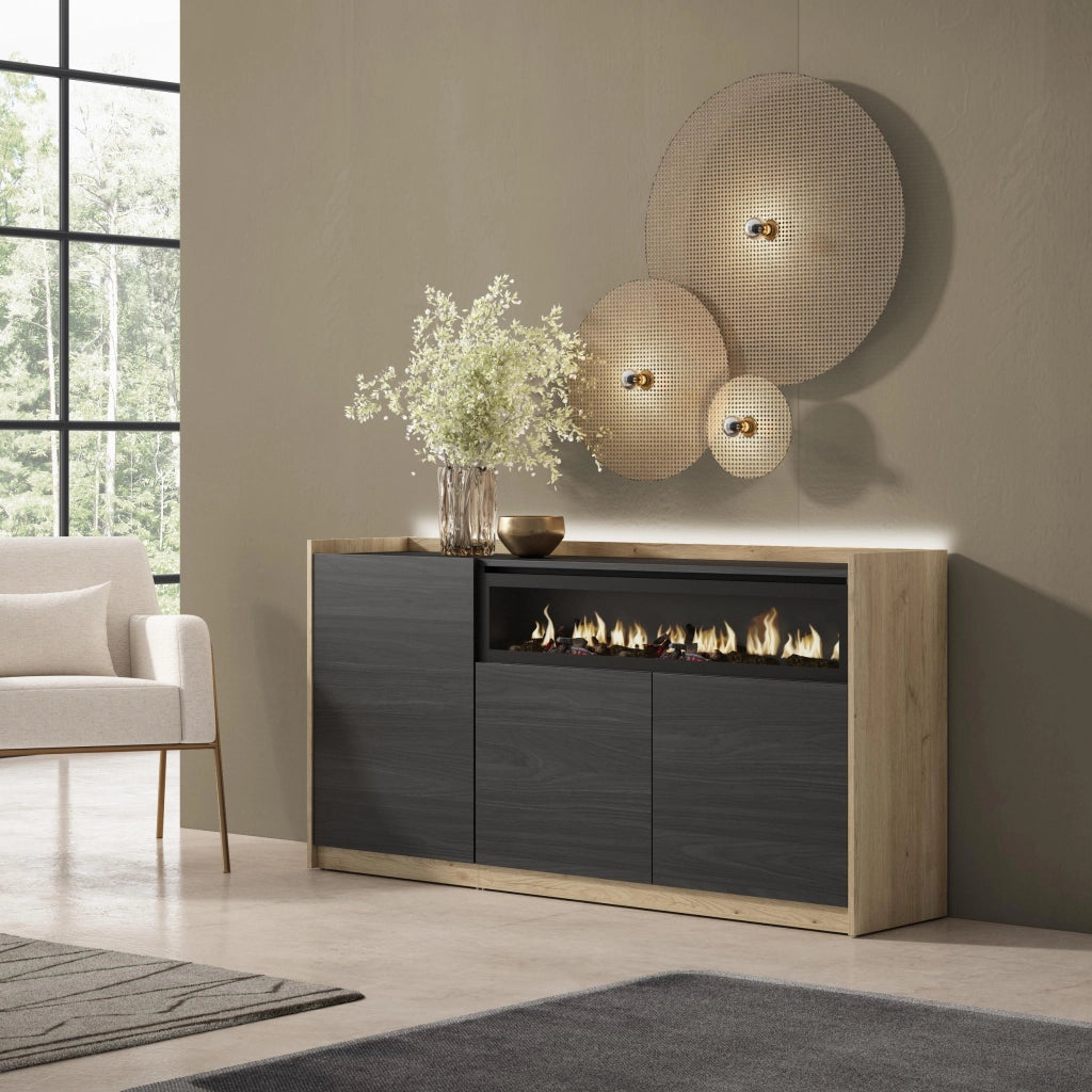 Credenza, Mobile, Cucina, 156x80x37 cm, 3 Porte, Camino elettrico, LED, Nero e rovere