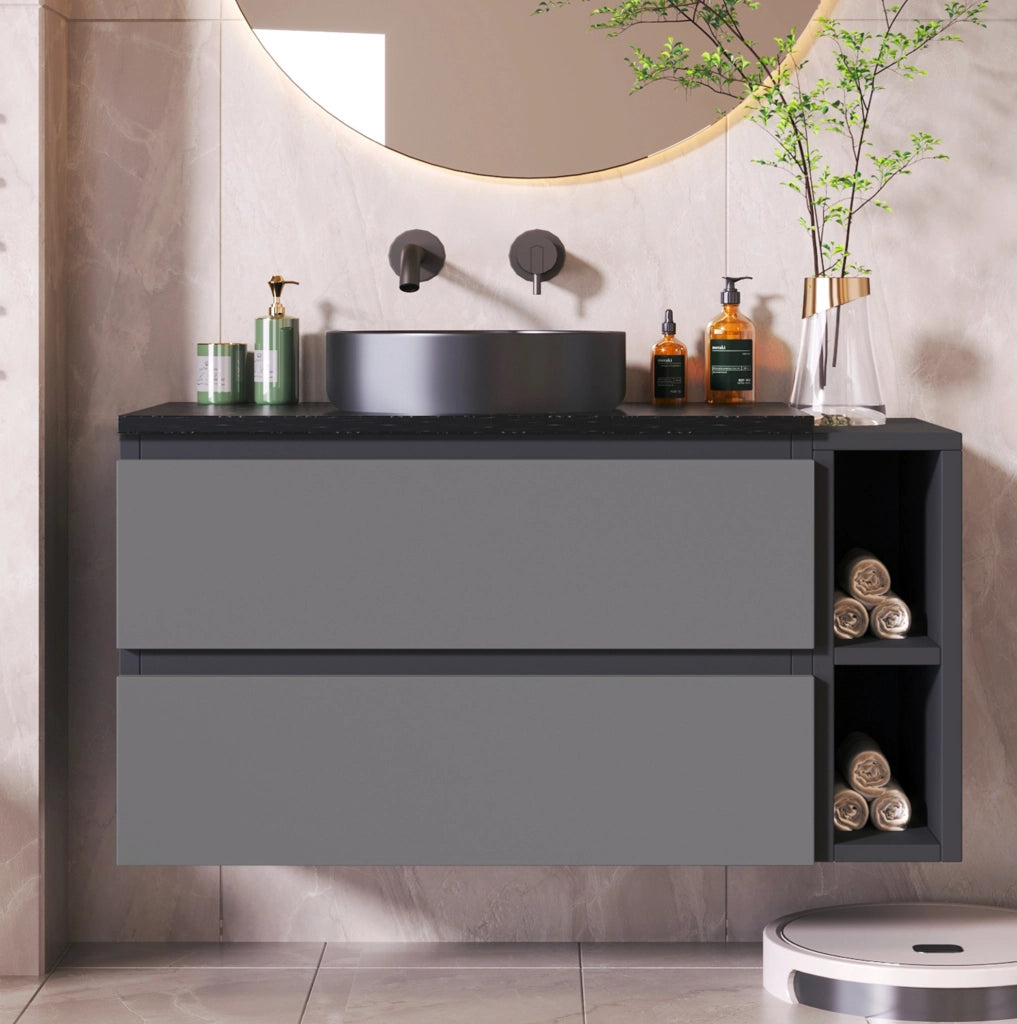 Mobile lavabo sospeso con lavabo in ceramica; piano in marmo; nero e grigio