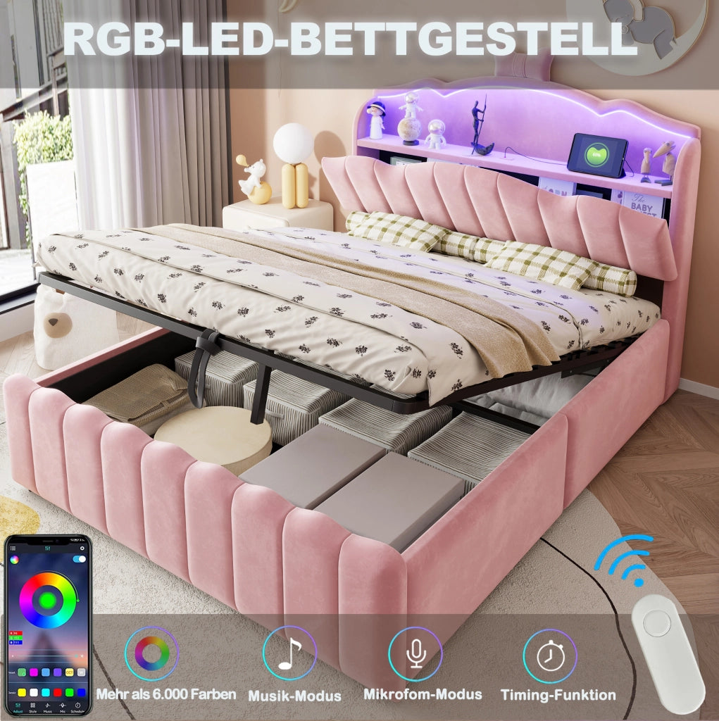Letto per bambini 140x200 cm con contenitore idraulico; LED RGB; USB e USB-C; rosa