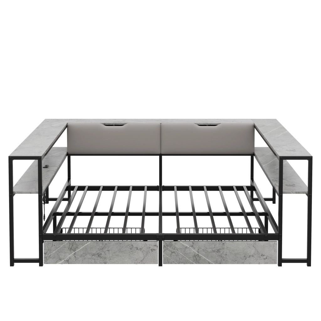 Letto per bambini con contenitore, USB e USB-C, rete a doghe in metallo, 2 cassetti, grigio, 90x200 / 140x200 cm